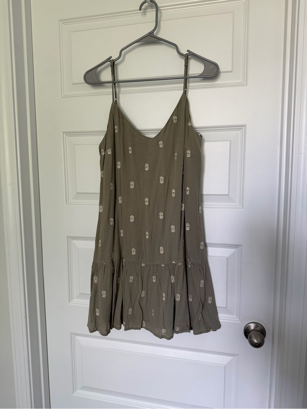 Francesca's Collections Olive Green Spaghetti Strap Mini Dress with White Motif